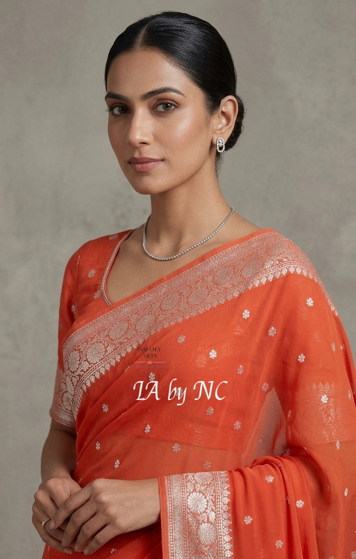 Scarlet Banarasi Pure Khaddi Georgette Kadwa Saree