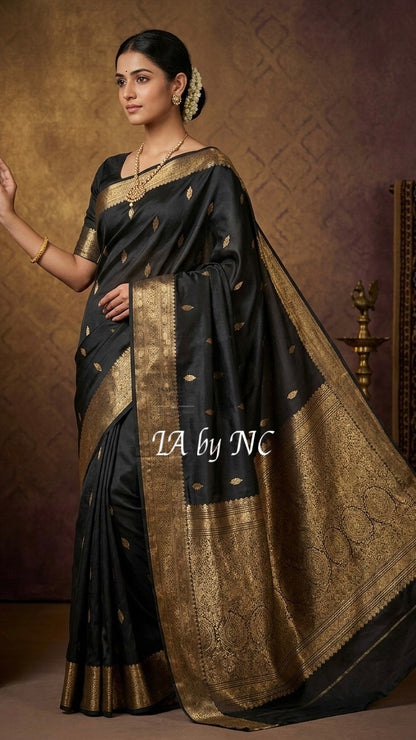 Black Banarasi Pure Kora Silk Kadwa Saree