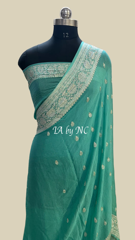 Turquoise Banarasi Pure Khaddi Georgette Kadwa Saree