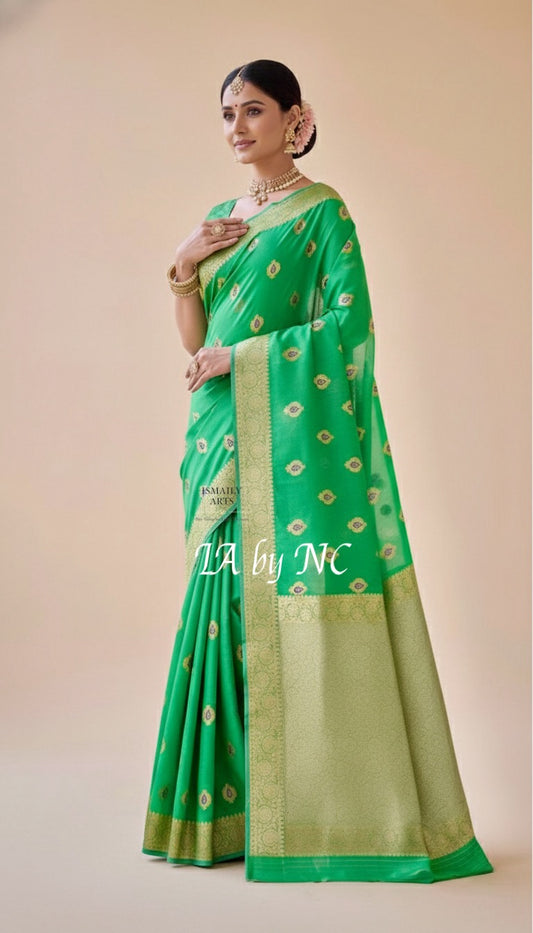 Emerald Banarasi Pure Kora Silk Kadwa Saree