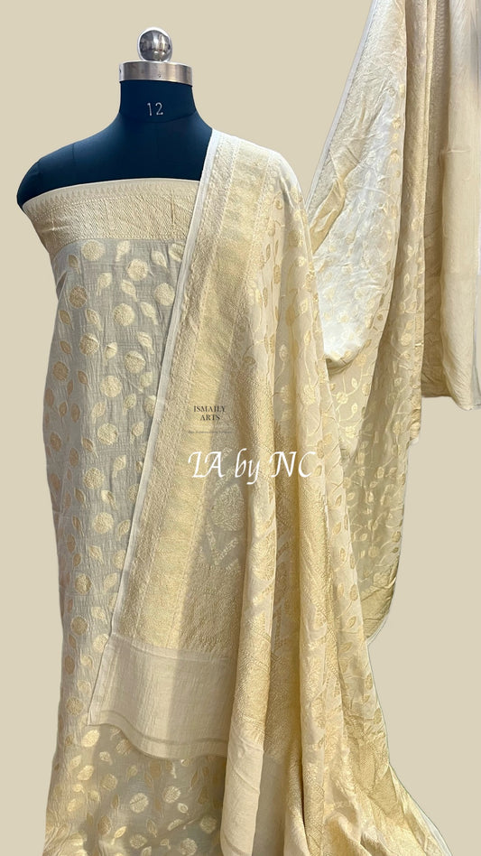 Beige Banarasi Pure Munga Silk Dress Material
