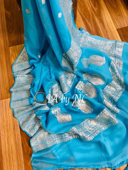 Azure Banarasi Pure Khaddi Georgette Kadwa Saree