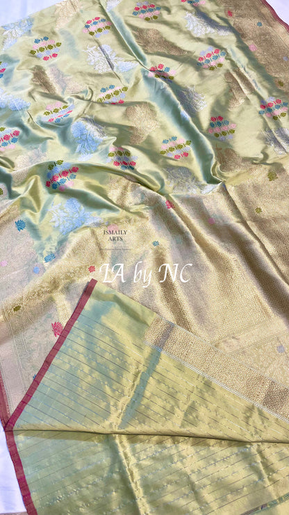 Pista Banarasi Pure Katan Silk Kadwa Pattu Saree