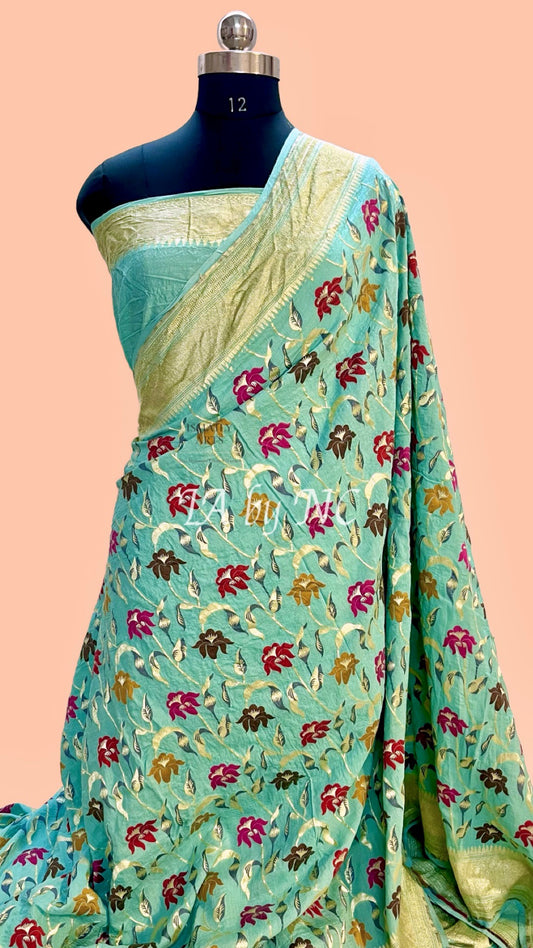 Turquoise Banarasi Pure Munga Silk Saree