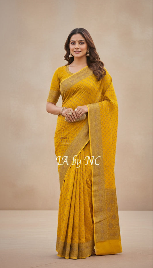 Goldenrod Banarasi Pure Khaddi Georgette Saree
