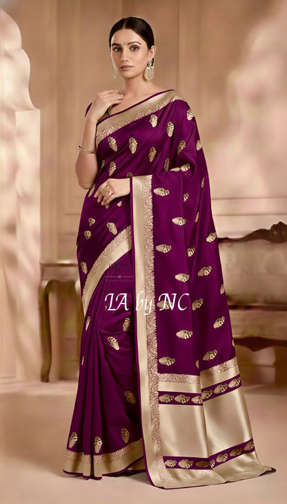 Eggplant Banarasi Mashru Katan Silk Meenakari Saree