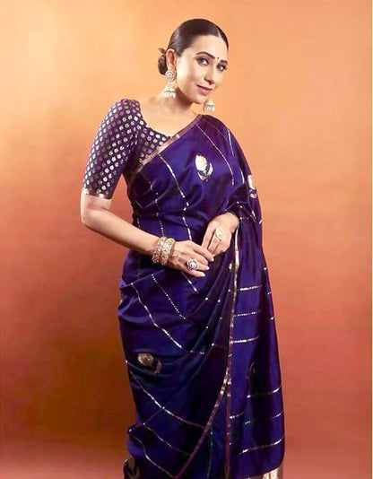 Karishma Kapoor inspired Space Banarasi Pure Katan Silk Raw Mango Kadwa Saree