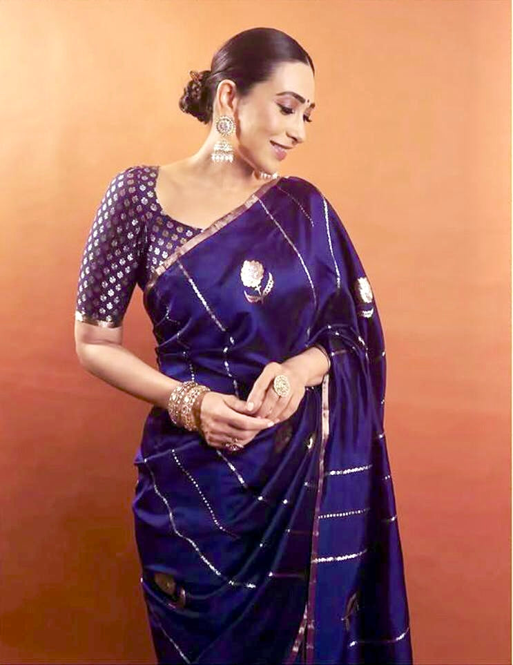 Karishma Kapoor inspired Space Banarasi Pure Katan Silk Raw Mango Kadwa Saree