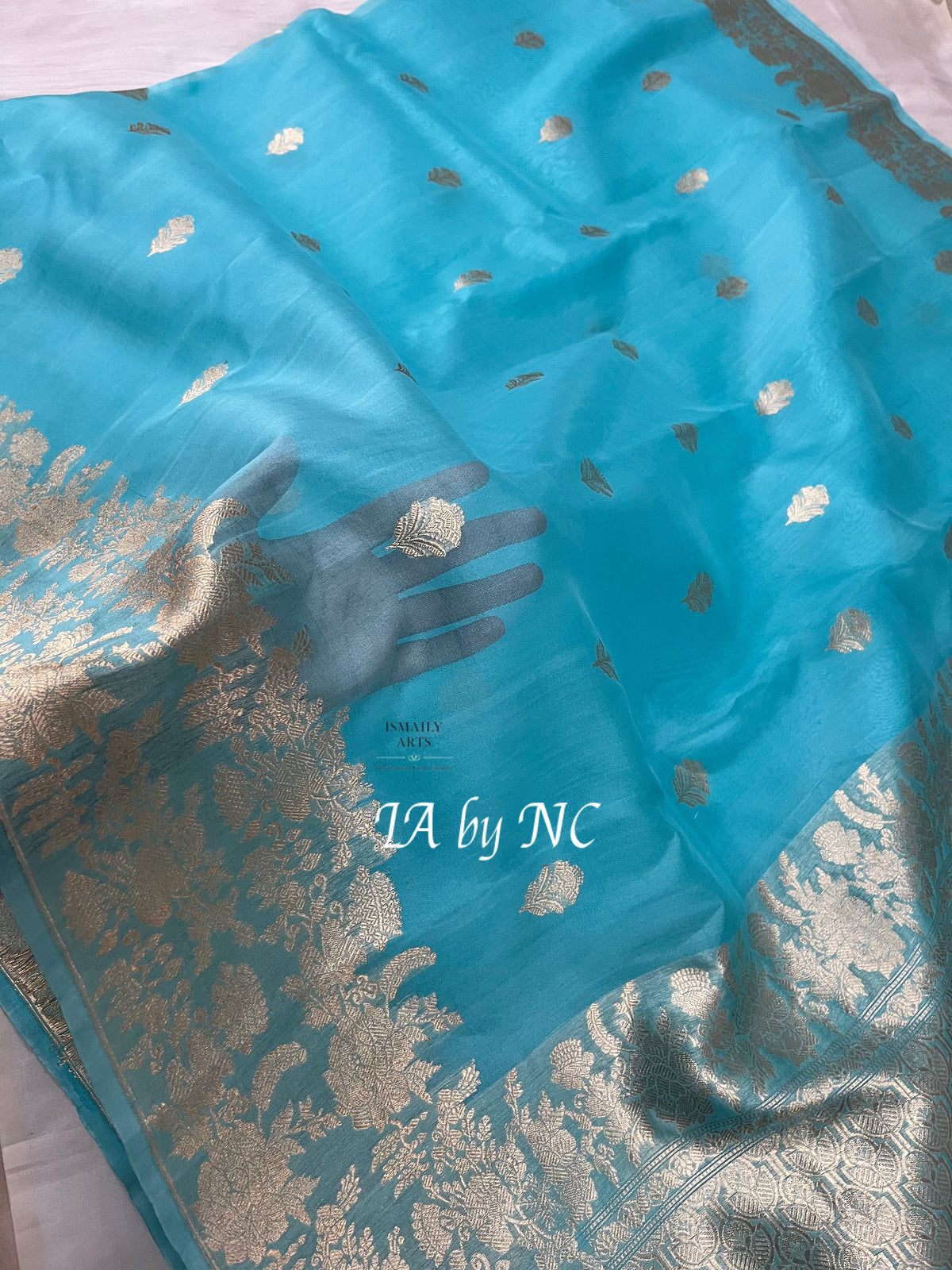 Turquoise Banarasi Pure Kora Silk Kadwa Saree