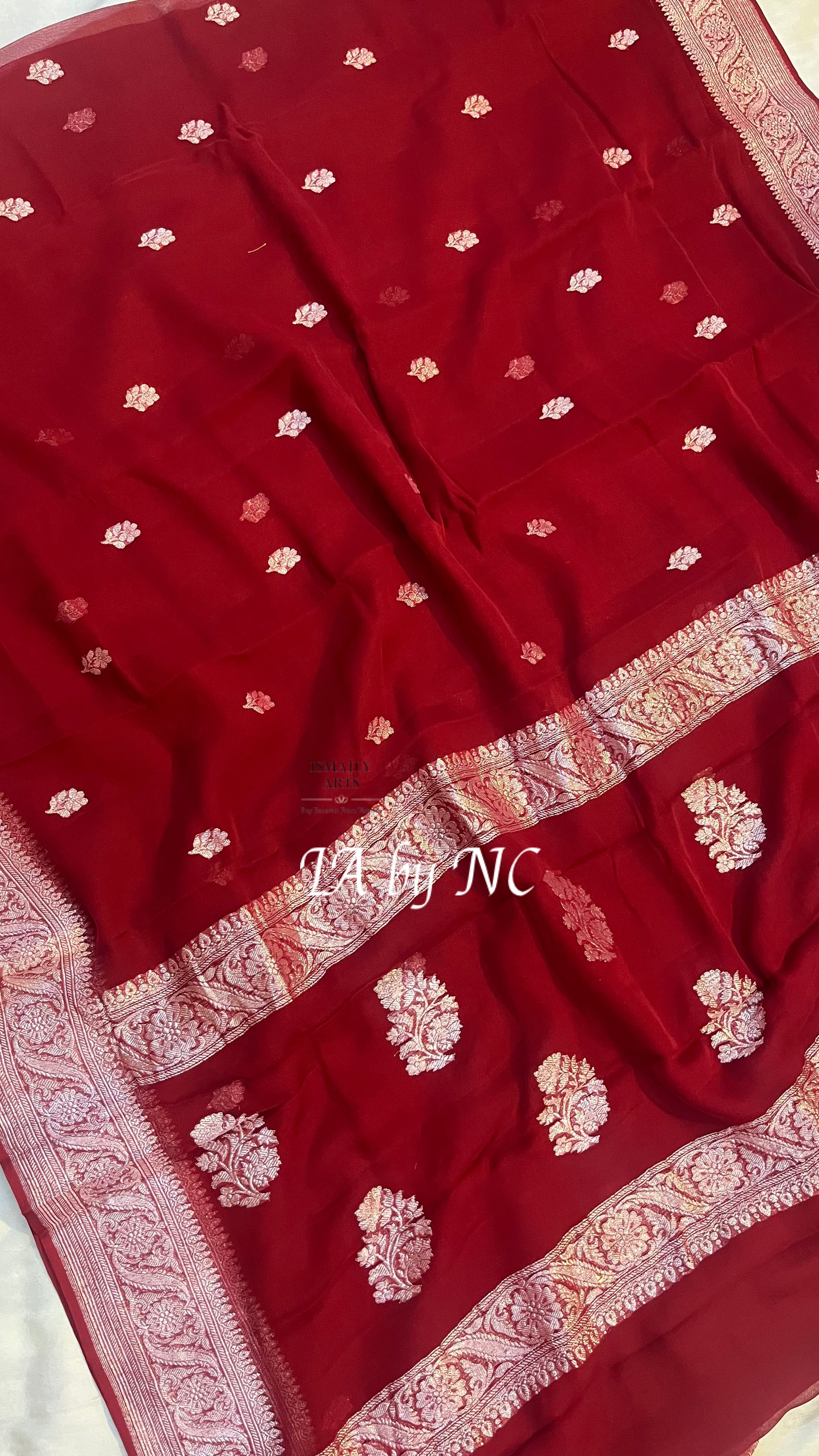 Carmine Banarasi Pure Khaddi Georgette Kadwa Saree