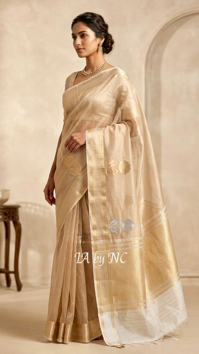 Beige Banarasi Pure Tissue Silk Sona Rupa Kadwa Saree