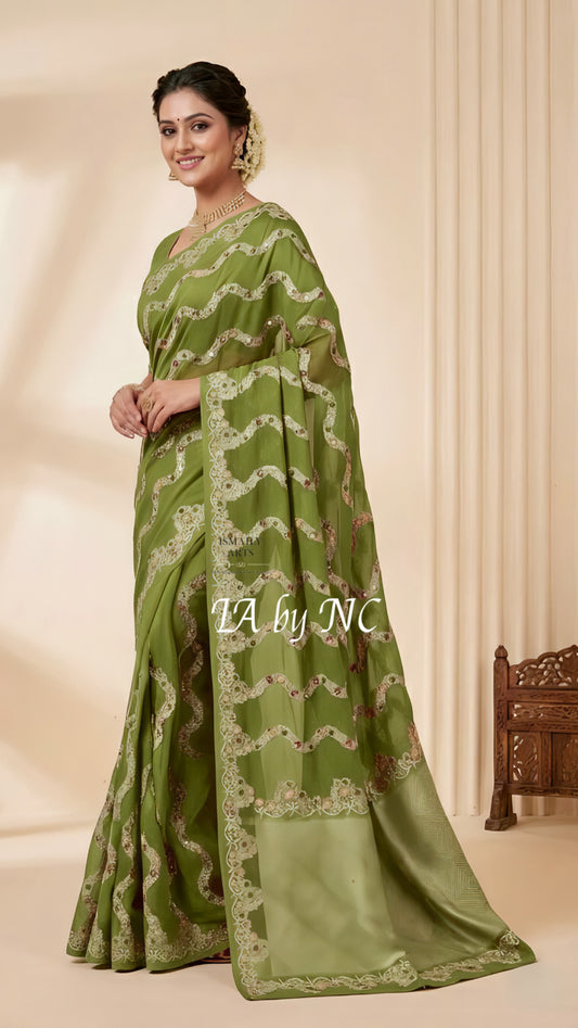 Avocado Banarasi Mashru Katan Silk Meenakari Saree