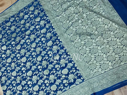 Teal Banarasi Pure Khaddi Georgette Saree