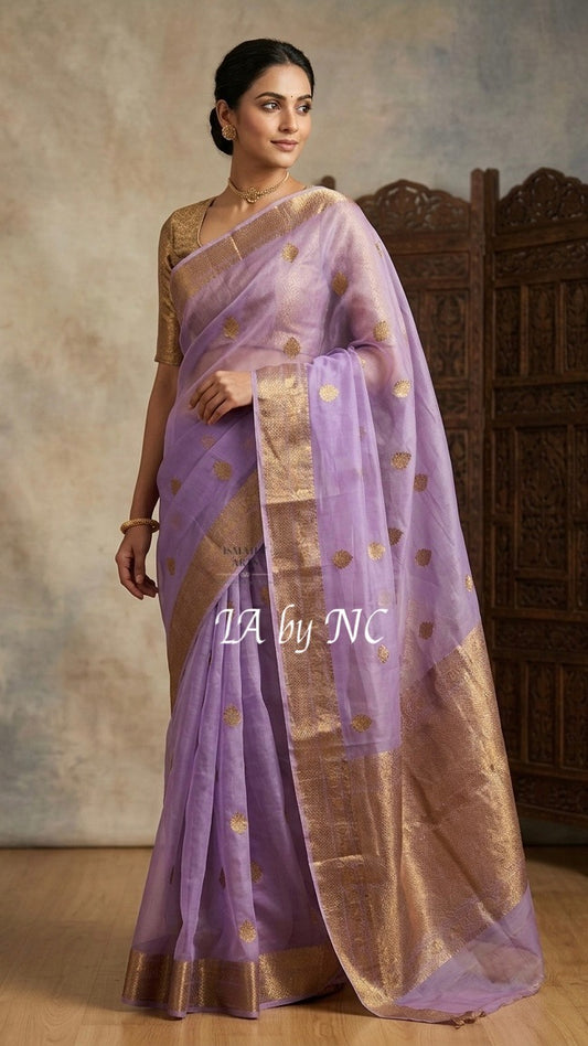 Lavender Banarasi Pure Kora Organza Kadwa Saree