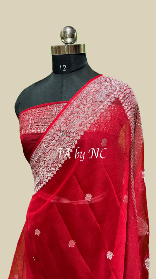 Crimson Banarasi Pure Khaddi Georgette Kadwa Saree