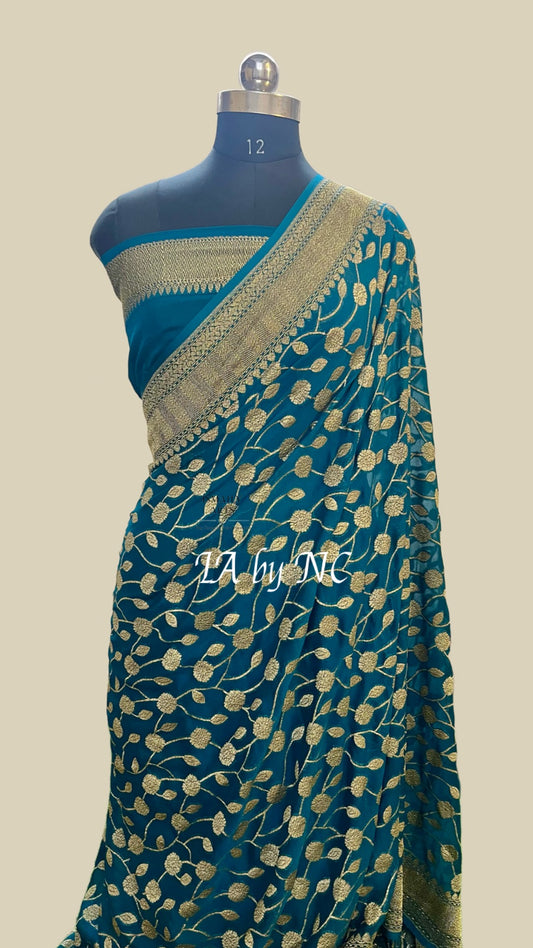 Turquoise Banarasi Pure Khaddi Georgette Saree