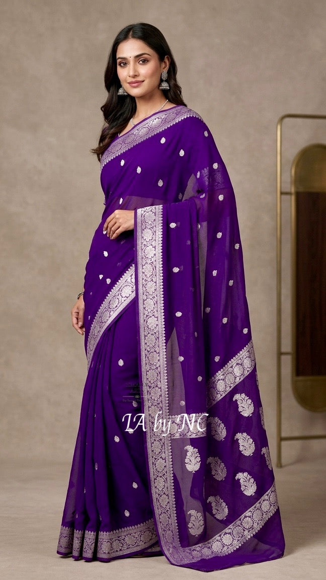 Grape Banarasi Pure Khaddi Georgette Kadwa Saree