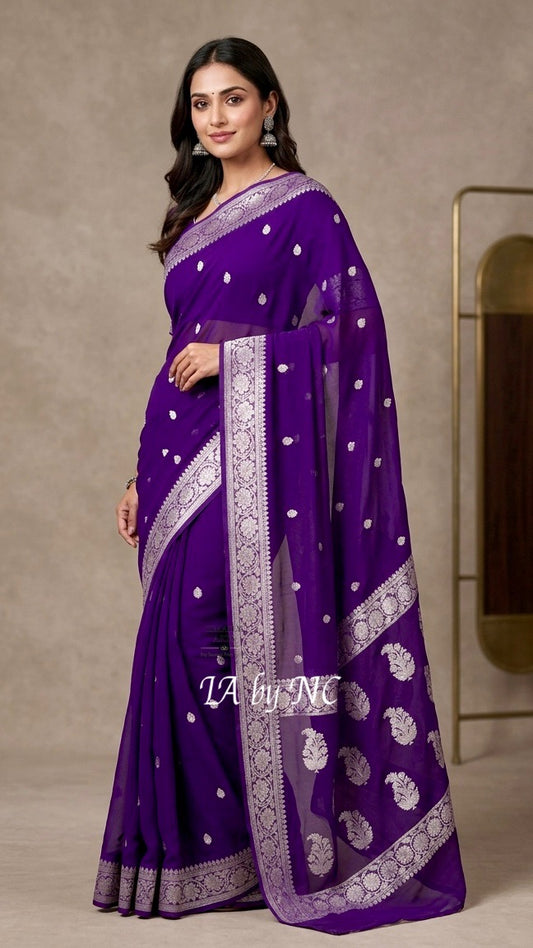 Grape Banarasi Pure Khaddi Georgette Kadwa Saree