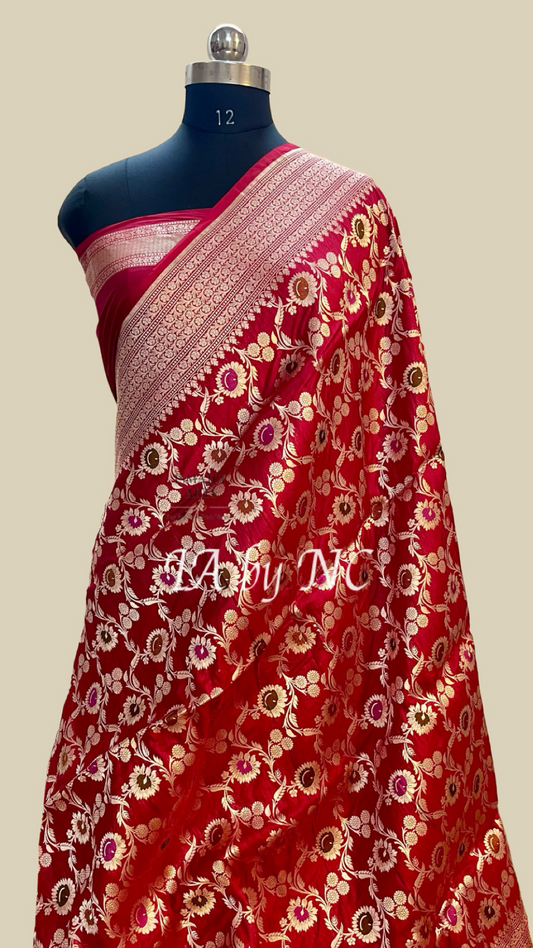 Carmine Banarasi Pure Katan Silk Meenakari Pattu Saree