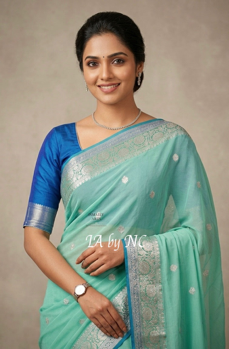 Turquoise Banarasi Pure Khaddi Georgette Kadwa Saree