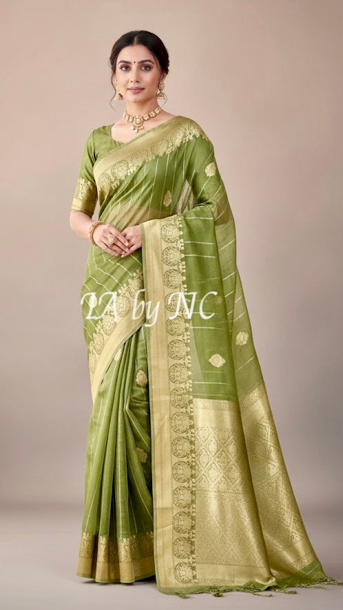 Olive Banarasi Pure Kora Organza Kadwa Saree