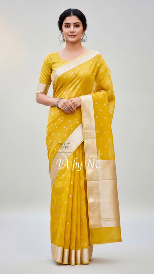 Gold Banarasi Pure Kora Organza Kadwa Saree