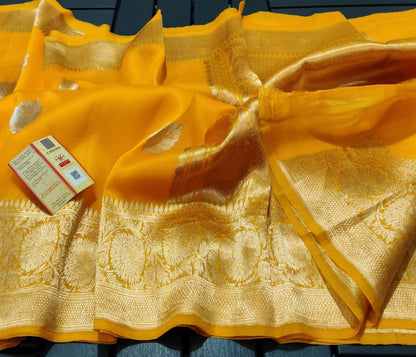 Tangerine Banarasi Pure Kora Organza Kadwa Saree