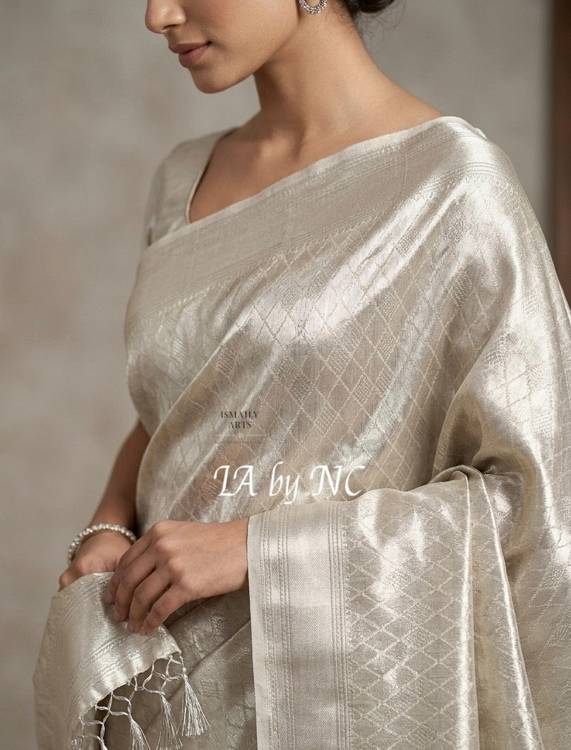 Ivory Banarasi Pure Tissue Silk Brocade Saree