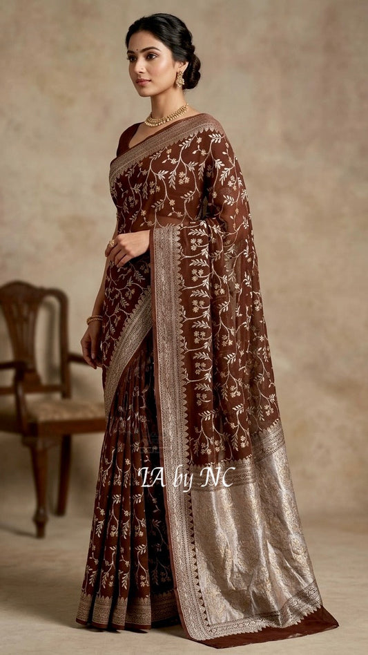 Walnut Banarasi Pure Khaddi Georgette Saree