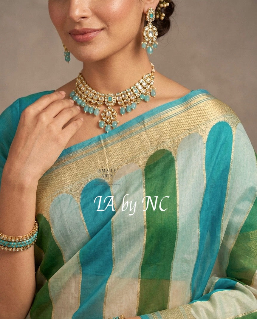 Turquoise Banarasi Pure Kora Organza Kadwa Saree