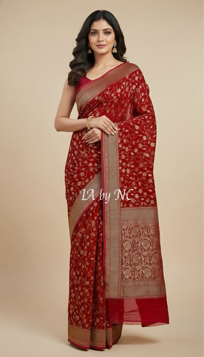 Carmine Banarasi Pure Khaddi Georgette Saree
