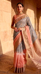 Peach Banarasi Pure Kora Silk Kadwa Saree