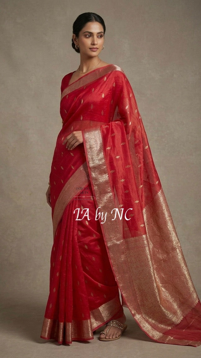 Carmine Banarasi Pure Kora Silk Kadwa Saree