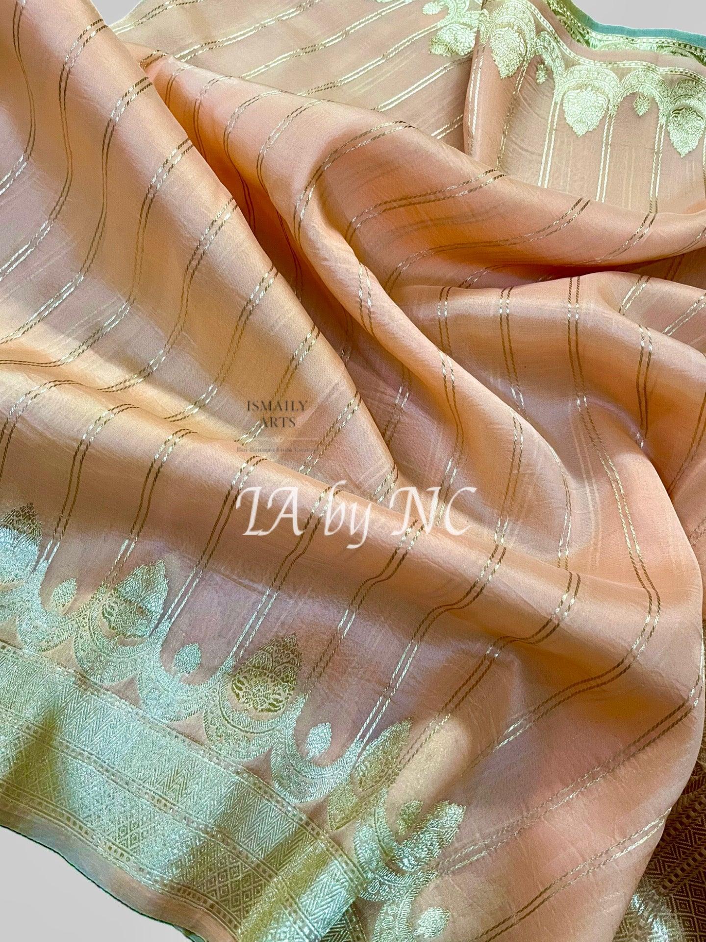 Peach Banarasi Pure Kora Organza Kadwa Saree