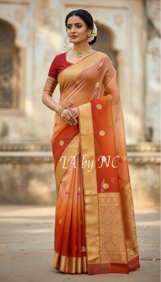 Tangerine Banarasi Pure Kora Organza Kadwa Saree