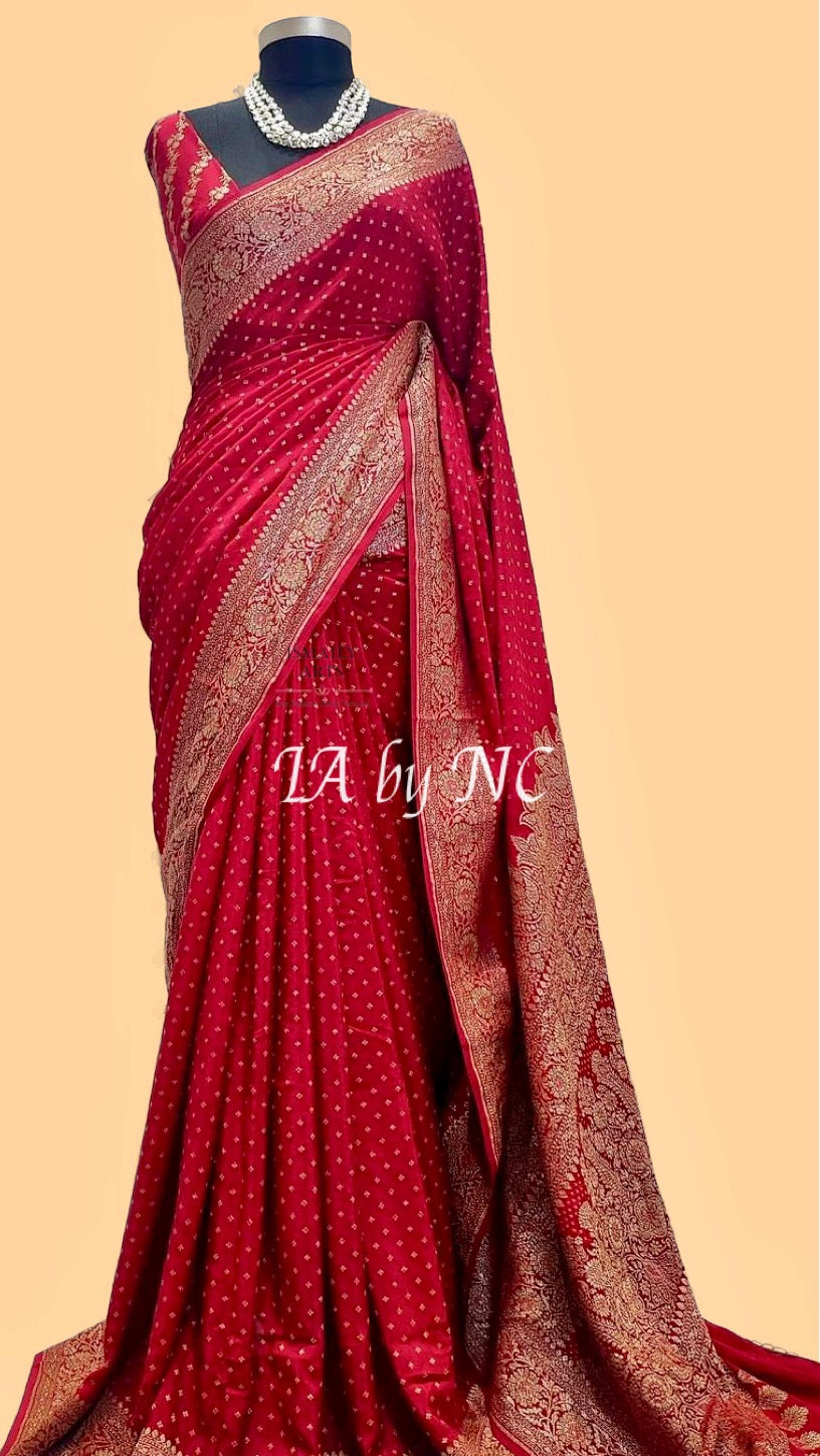 Carmine Banarasi Pure Khaddi Crepe Georgette Saree