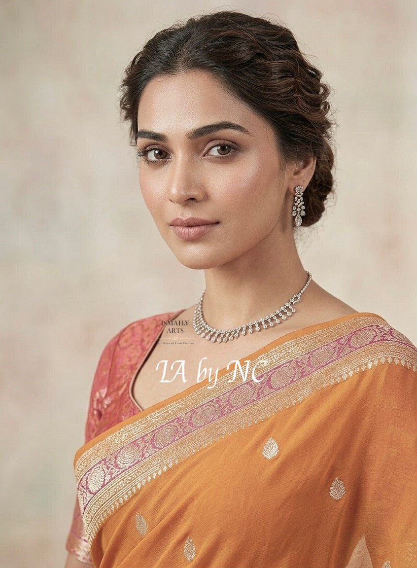 Ochre Banarasi Pure Khaddi Georgette Kadwa Saree