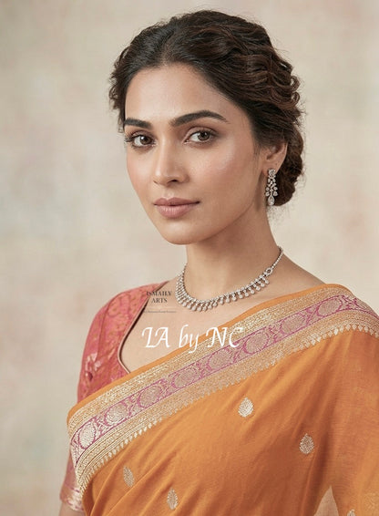 Ochre Banarasi Pure Khaddi Georgette Kadwa Saree