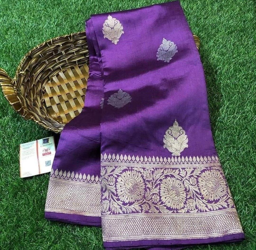 Grape Banarasi Pure Kora Organza Kadwa Saree