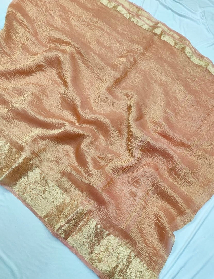 Peach Banarasi Pure Crushed Tissue Silk Saree