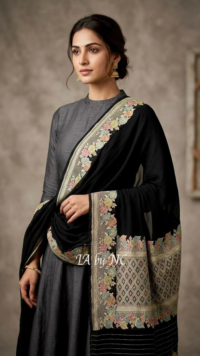 Black Banarasi Pure Khaddi Georgette Dupatta
