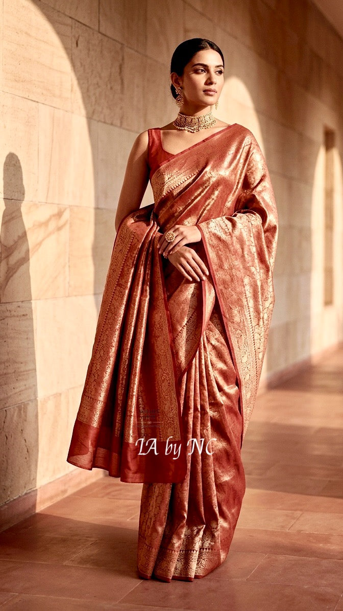 Carmine Banarasi Pure Tissue Silk Brocade Saree