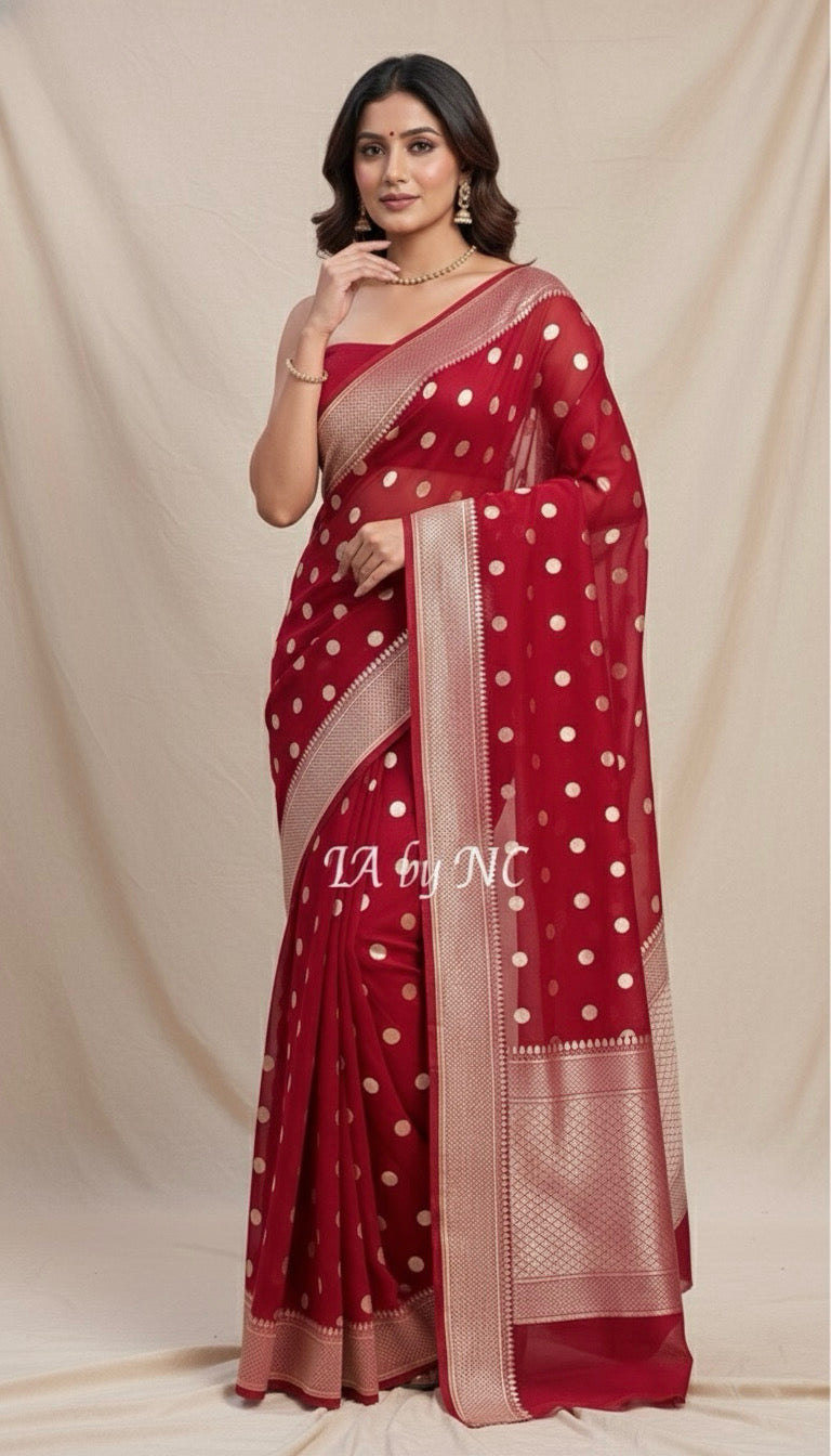 Carmine Banarasi Pure Khaddi Georgette Saree