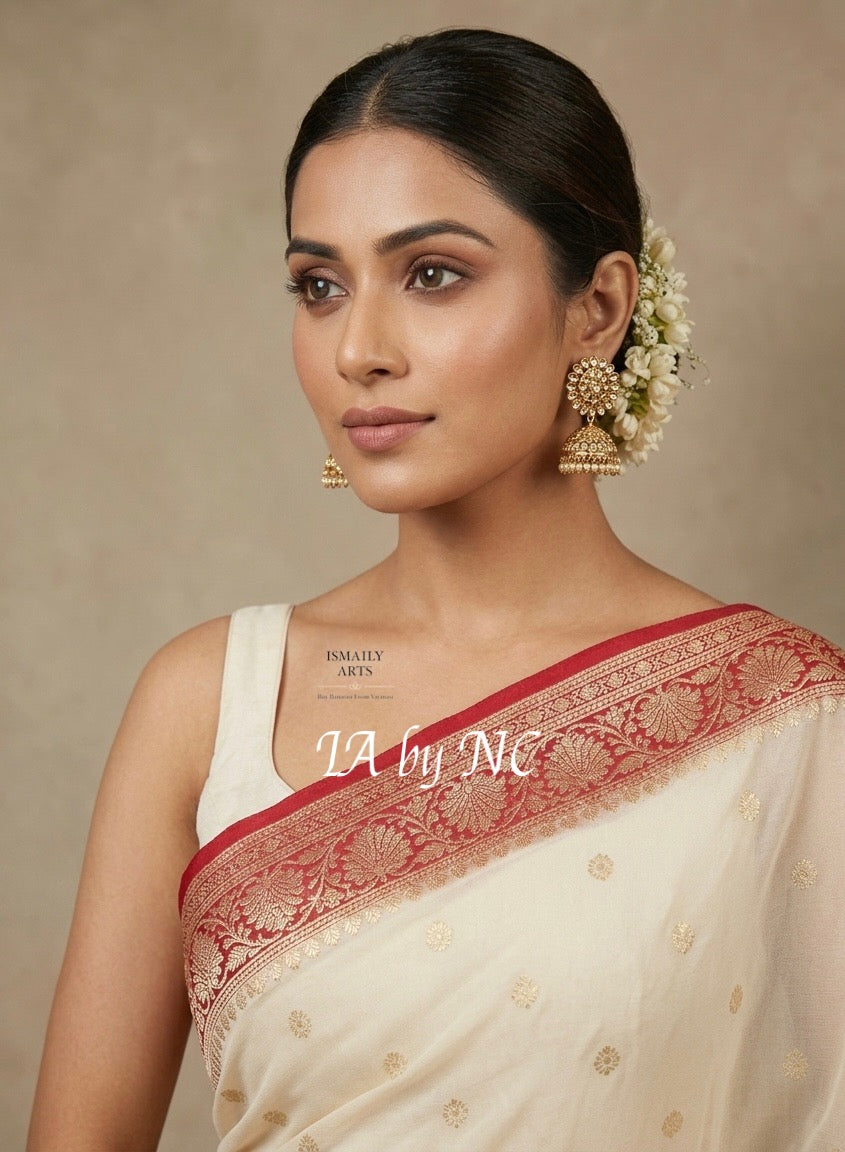 Ivory Banarasi Pure Khaddi Georgette Kadwa Saree
