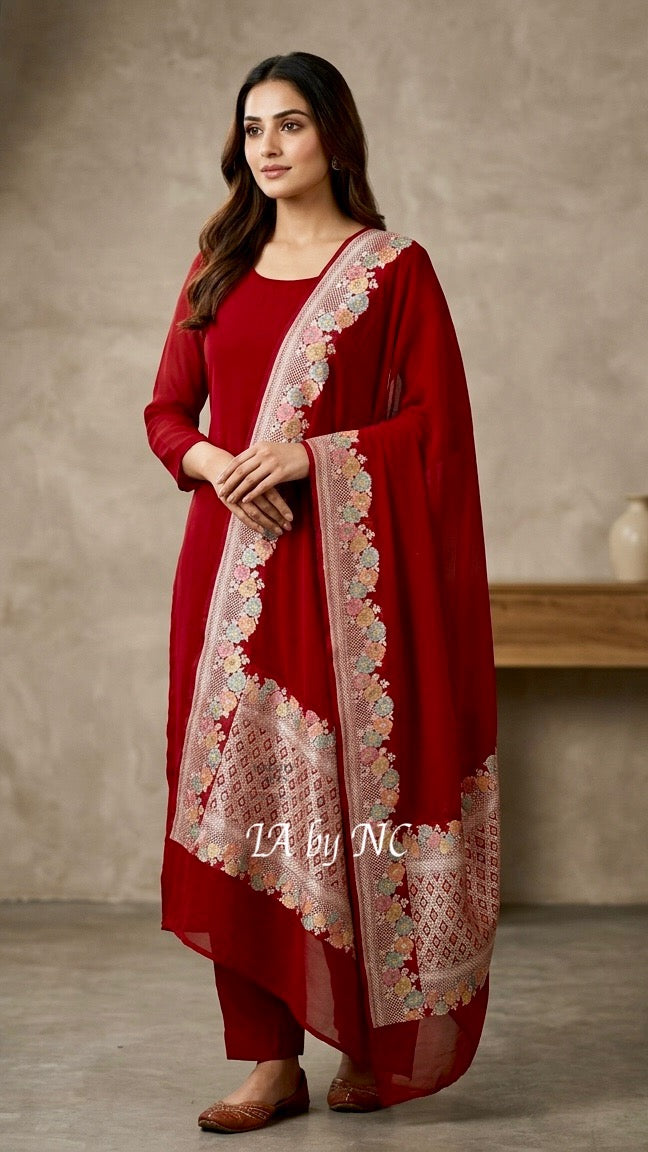 Carmine Banarasi Pure Khaddi Georgette Dupatta