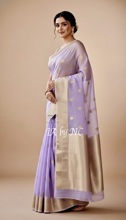 Lavender Banarasi Pure Kora Organza Kadwa Saree