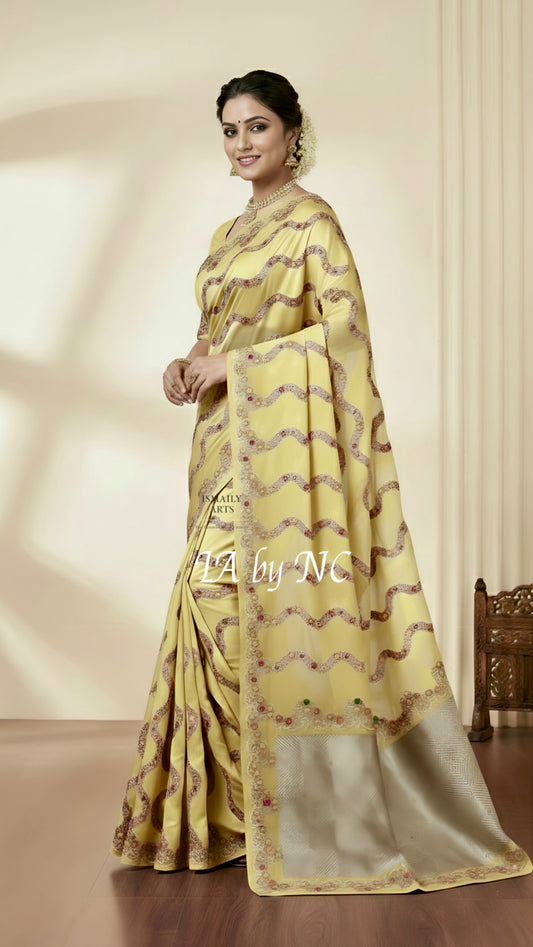 Eggnog Banarasi Mashru Katan Silk Meenakari Saree