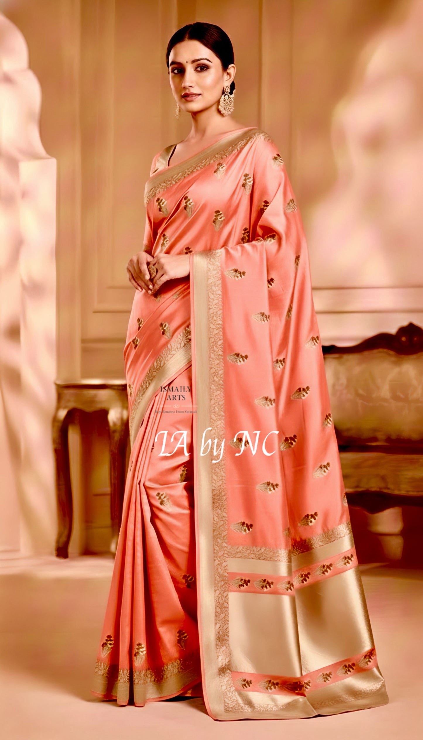 Salmon Banarasi Mashru Katan Silk Meenakari Saree
