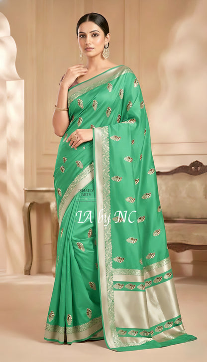 Mint Banarasi Mashru Katan Silk Meenakari Saree