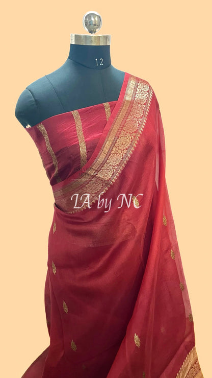 Carmine Banarasi Pure Kora Organza Kadwa Saree